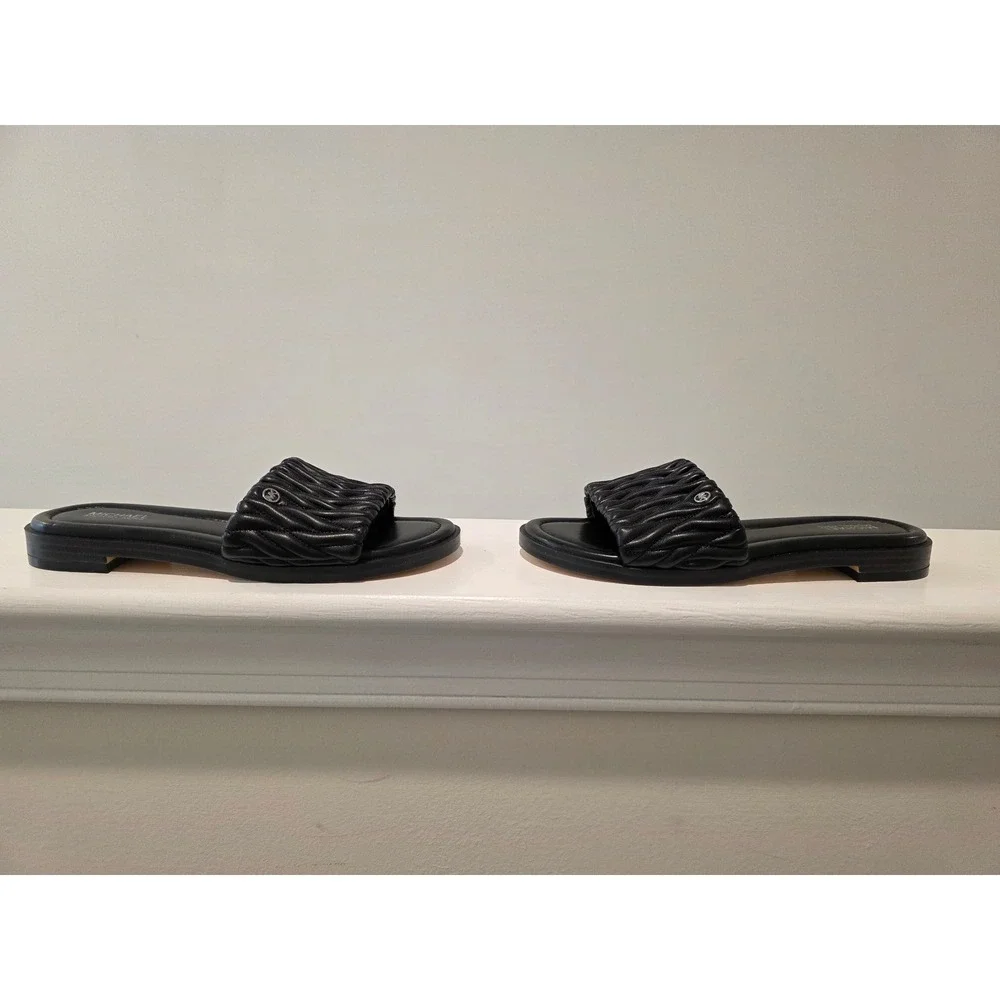 Women's sz 6 M Rare Michael Kors Carson Flat Slide Black Quilted Ruched Sandals